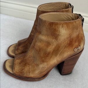 Bed Stu Womens 7 Tan Leather Block Heel Peep Toe Zip Ankle Bootie Boho Cowgirl